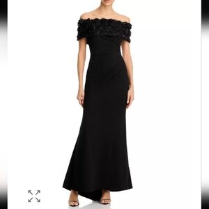 $208 Eliza J Off Shoulder Gown Sz 0P Black Ruched Side Formal Wedding New
